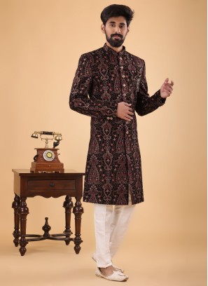 Embroidered Work Blue And Off White Indowestern Set