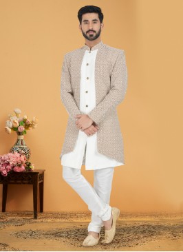 Embroidery Beige Jacket Style Indowestern