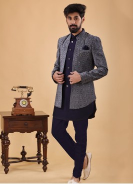 Embroidred Navy Blue Jacket Style Indowestern Set