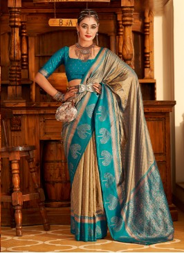 Khakhi And Teal Blue Zari Woven Silk Saree