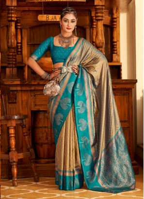 Khakhi And Teal Blue Zari Woven Banarasi Silk Saree