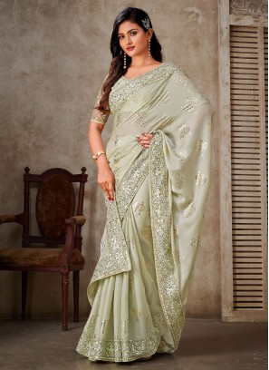 Lycra Fabric Ready Pleated Grey Saree