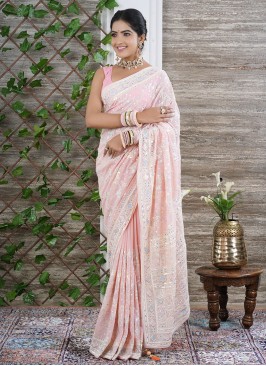 Enchating Peach Chiffon Designer Saree