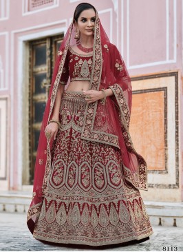 Maroon Embroidered Velvet Lehenga Choli