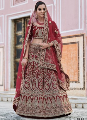 Maroon Embroidered Velvet Lehenga Choli