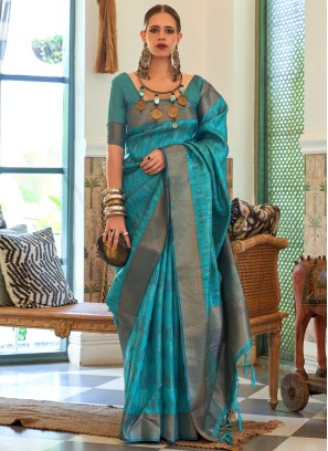 Ravishing Turquoise Handloom Silk and Organza Designer Saree