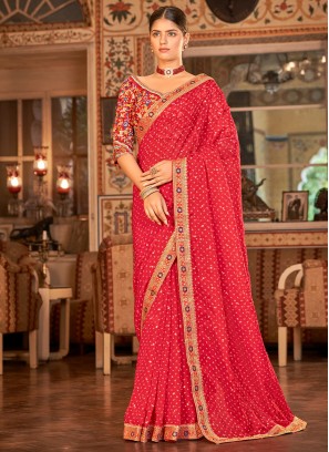 Elegant Red Bandhani Printed Sequins Organza Saree