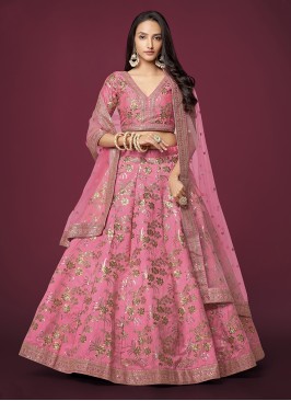 Striking Pink Zari Embroidered Lehenga Choli