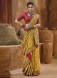 Elegant Mustard Yellow Kachhi Embroidered Banarasi Silk Saree