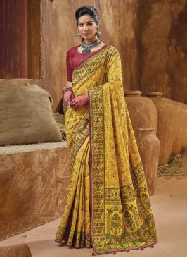 Elegant Mustard Yellow Kachhi Embroidered Banarasi Silk Saree