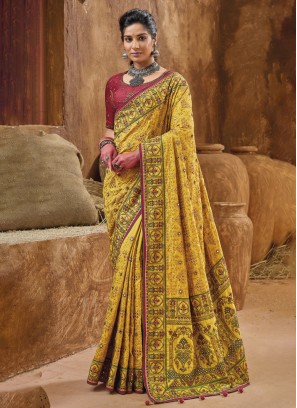 Elegant Mustard Yellow Kachhi Embroidered Banarasi Silk Saree