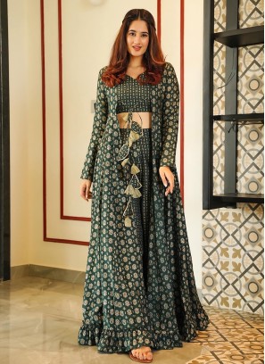 Gorgeous Green Digital Printed Muslin Palazzo Suit With Jacket
