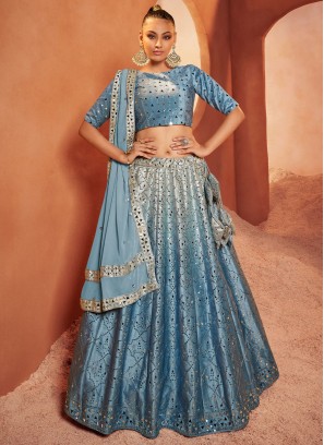 Shaded Aqua Blue A Line Velvet Lehenga Choli