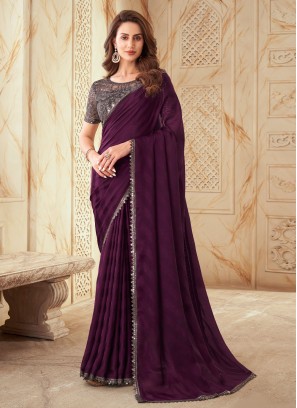 Stunning Purple Sequins Embellished Trendy Silk Saree
