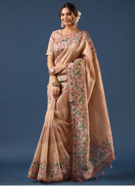 Dark Beige Floral Printed Tussar Silk Saree