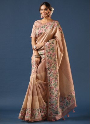 Dark Beige Floral Printed Tussar Silk Saree