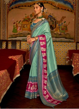 Elegant Turquoise Blue Weaving Silk Saree