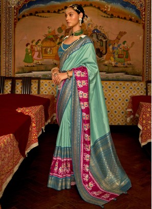 Elegant Turquoise Blue Weaving Silk Saree