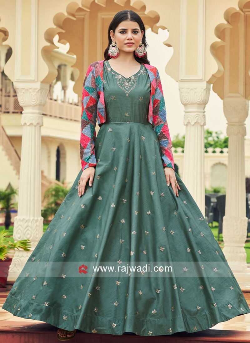Palace Green Ethnic Sequins Gown with Multi Color Jacket