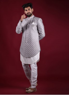 Ethnic Grey Color Indowestern In Raw Silk