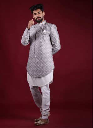 Ethnic Grey Color Indowestern In Raw Silk