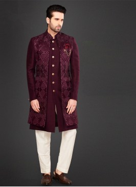 Ethnic Jacket Style Indowestern In Wine Color