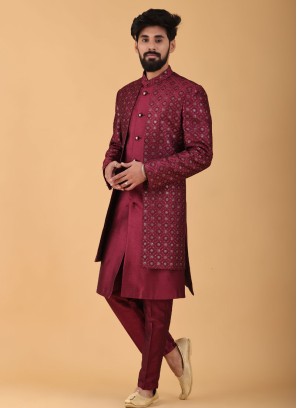 Ethnic Jacket Style Indowestern In Wine Color