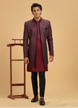 Ethnic Jacket Style Indowestern In Wine Color