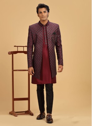 Ethnic Jacket Style Indowestern In Wine Color