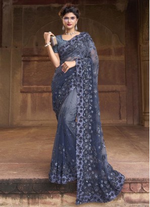 Dark Grey Chiffon Silk Saree with Designer Blouse