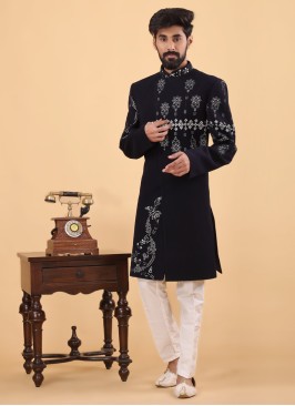 Ethnic Style Navy Blue Indowestern In Raw Silk