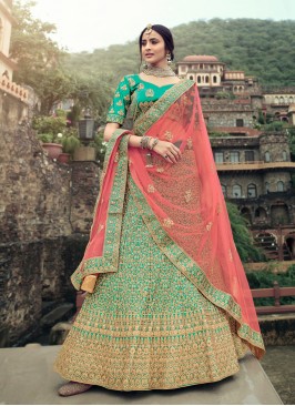 Exceeding Green Embroidered Satin Lehenga Choli