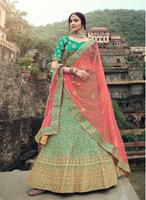 Exceeding Green Embroidered Satin Lehenga Choli