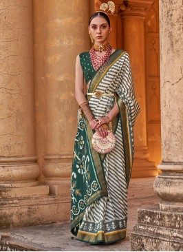 Green & Off White Patola Printed Silk Saree