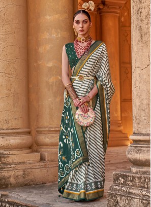 Green & Off White Patola Printed Silk Saree