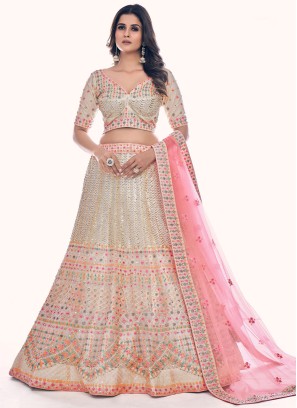 Off White and Peach Sequins Designer Lehenga Choli