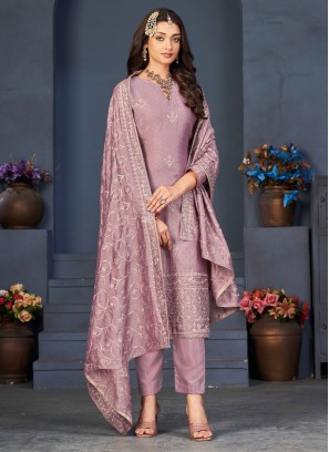 Exclusive Dola Silk Lilac Embroidered Dress Material