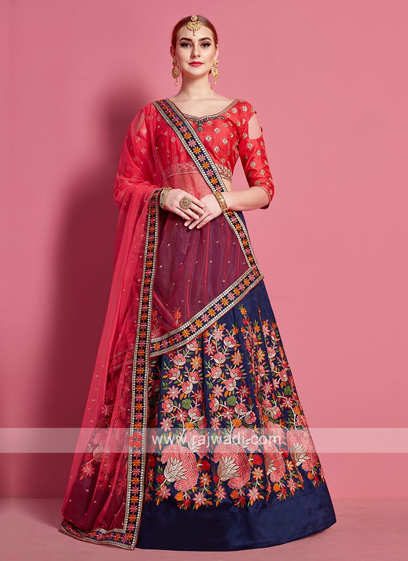 Shop Navy Blue and Pink A Line Lehenga Choli For Bridal Online In USA