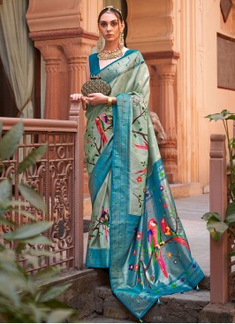 Two Tone Aqua Blue Woven Festive Silk Saree