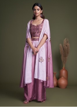 Shaded Pink Chinon Embroidered Readymade Palazzo Suit