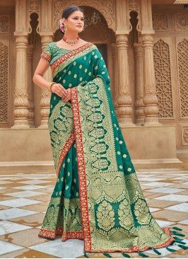 Trendy Green Woven Banarasi Silk Saree