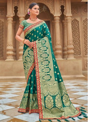 Trendy Green Woven Banarasi Silk Saree