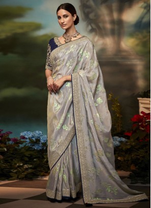 Dark Beige Shimmer Silk Saree with Fancy Floral Print