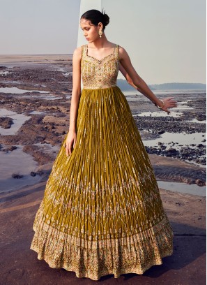 Exquisite Mehndi Green Colored Embroidered Anarkali Dress