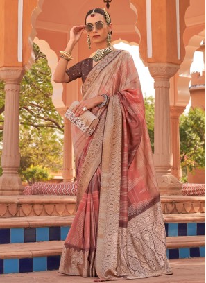 Classic Shaded Brown and Coral Kachhi Silk Saree