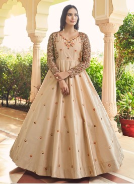 Beige Gown With Delicate Floral Motifs and Designer Jacket