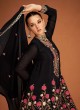 Elegant Black Floral Embroidery Chinon Silk Palazzo Suit