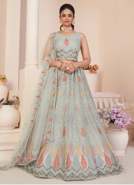 Light Grey Sequins Embroidered Net Lehenga Choli