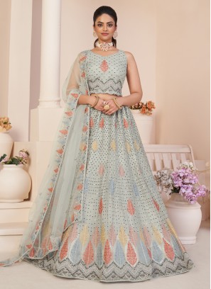 Light Grey Sequins Embroidered Net Lehenga Choli