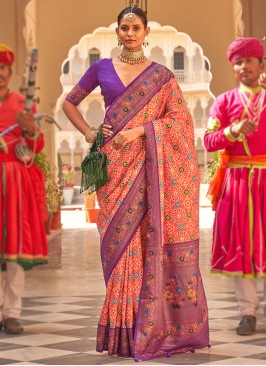 Peach and Purple Woven Patola Printed Silk Saree